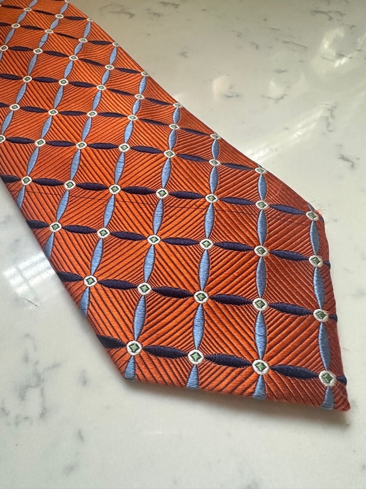 JOS. A. BANK Mens Necktie Orange Blue Green Geometric Ribbed Handmade Silk